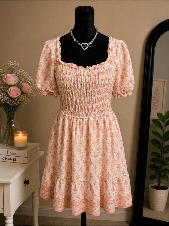 mine Dresses & Skirts - Mine smocked puff sleeve mini dress pink cream boho cottagecore size L